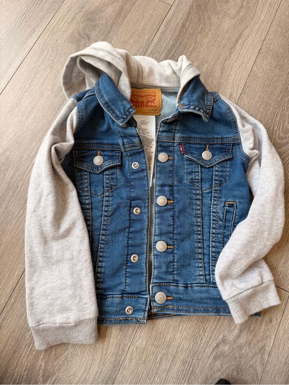 Levi's Kids Blue Denim Jacket with Light Gray Hoodie Sleeves